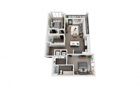 A white floor plan of a house with a kitchen, living room, and two bedrooms.